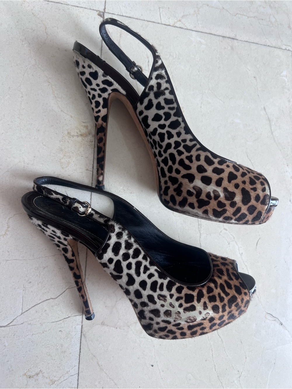 Leopard Print Peep-Toe Slingback Heels - Brown/Black